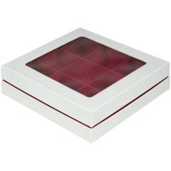 Коробка на 9 конфет с окошком и красным ложементом белая 16х16х4,5 см 51560