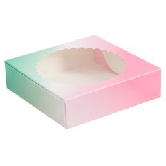 Коробка для печенья/конфет с окном розово-зелёная 11,5х11,5х3 см КУ-199