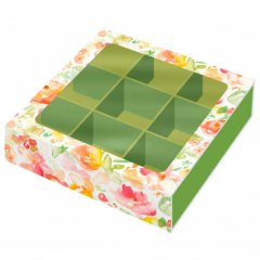 Коробка на 9 конфет раздвижная "Весенние цветы" 13,7х13,7х3,7 см КУ-258